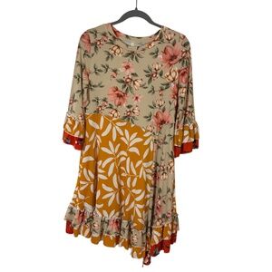 Celeste Mixed Floral Patchwork Ruffle Hem Dress Medium orange tan pink boho